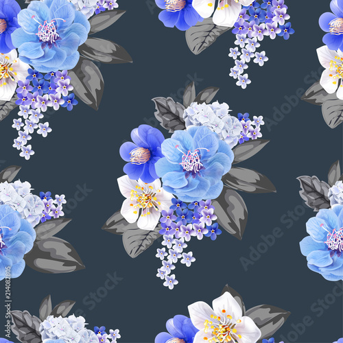 Chinese plum flowers blue color seamless background pattern,vector illustration
