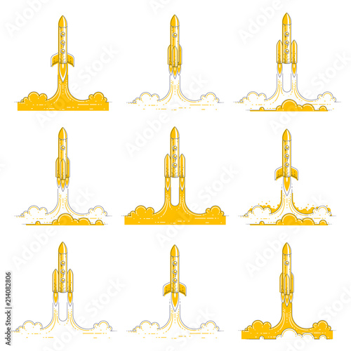 Rockets launch into undiscovered space. Explore universe, breathtaking space science. Thin line 3d vector illustrations set isolated on white.