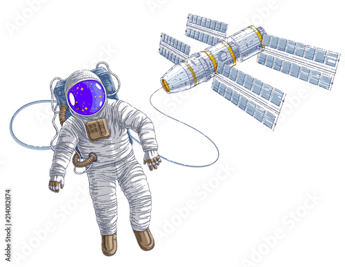Astronaut went out into open space connected to space station, spaceman floating in weightlessness and iss spacecraft with solar panels behind him. Vector illustration isolated over white.