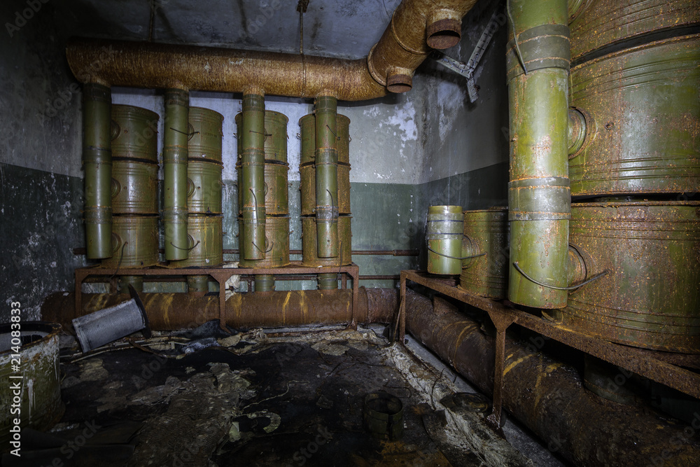 Old rusty air filtration and ventilation system in abandoned Soviet