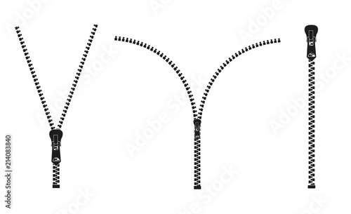 Vector illustration. Zippered lock and unlock. Zipper buttoned. Closed and open zipper. Set