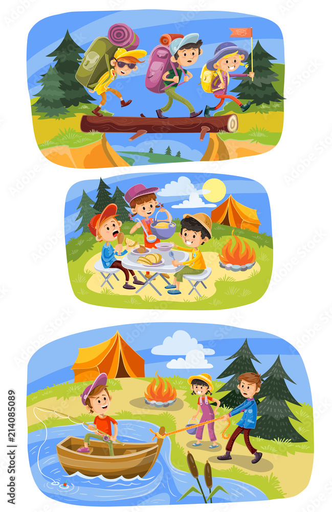 Kids summer camping vector cartoon illustration. Children with backpacks on outdoor hiking adventure at tent and campfire for picnic, fishing at lake or walking through forest. Colorful banners design Stock Vector | Kids summer camping vector cartoon illustration. Children with backpacks on outdoor hiking adventure at tent and campfire for picnic, fishing at lake or walking through forest. Colorful banners design Stock Vector |