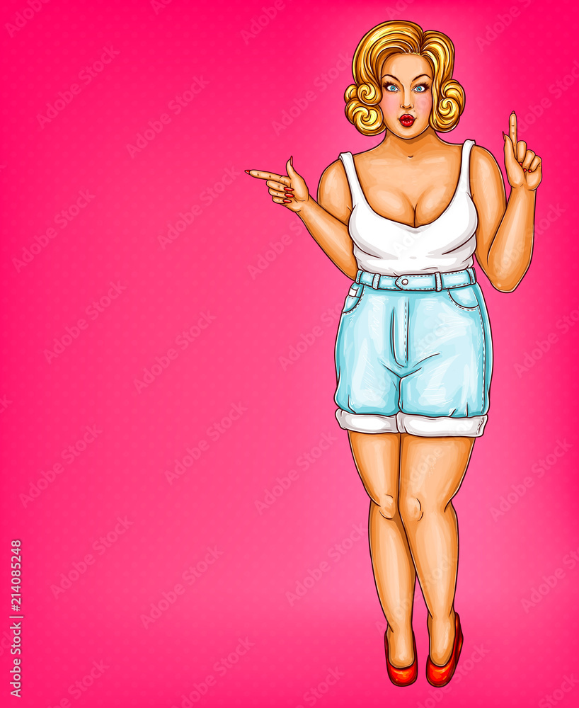 Vector pop art poster of fatty blonde girl, xxl or plus size model, sexy  woman with