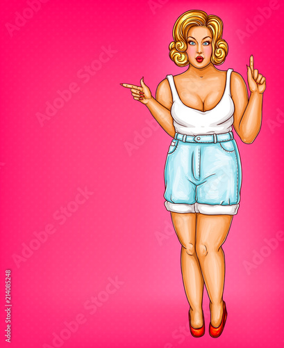 Vector pop art poster of fatty blonde girl, xxl or plus size model, sexy woman with big breast and deep decollete, in denim shorts points finger off to discounts. Overweight concept illustration