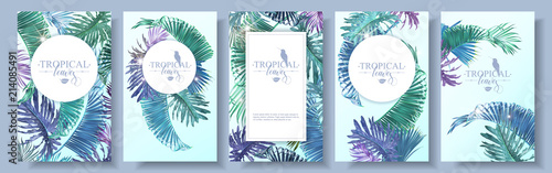 Vector banners set with emerald violet tropical leaves and sunlight on blue background. Exotic botanical design for cosmetics, spa, perfume, web page, wedding invitation. Best for summer party