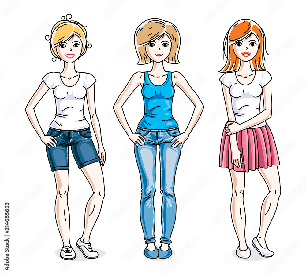 Happy young adult girls female standing in stylish casual clothes. Vector characters set. Happy young adult girls female standing in stylish casual clothes. Vector characters set.
