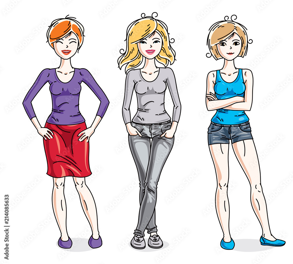 Happy young adult girls female standing in stylish casual clothes. Vector characters set. Fashion and lifestyle theme cartoons. Happy young adult girls female standing in stylish casual clothes. Vector characters set. Fashion and lifestyle theme cartoons.