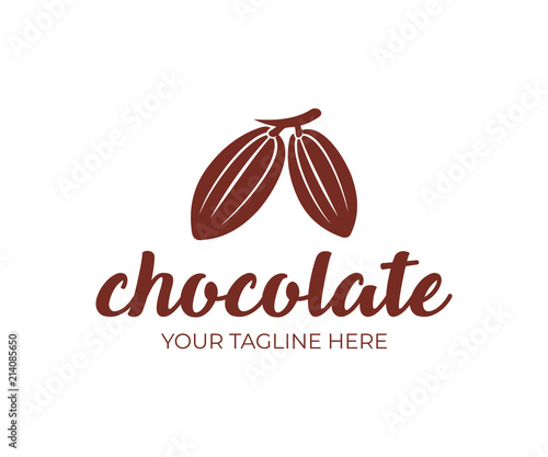 Chocolate, cocoa fruits hang on a branch, logo template. Chocolate cocoa beans, cocoa pod and plant cacao, vector design. Nature and food, illustration