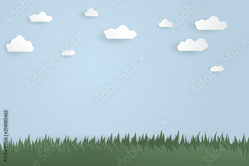 Green grass field with light blue sky background wallpaper paper cut style