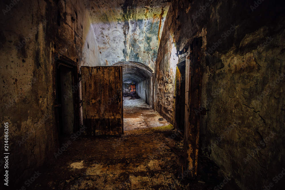 Dark and creepy corridor of old abandoned forgotten Soviet underground bunker