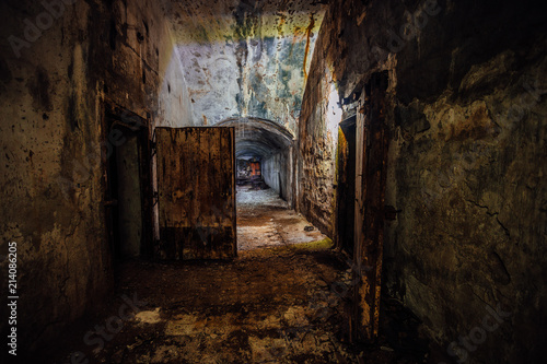 Dark and creepy corridor of old abandoned forgotten Soviet underground bunker