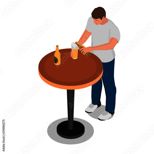 A man pours beer into a glass. A man is standing at a table drinking beer.