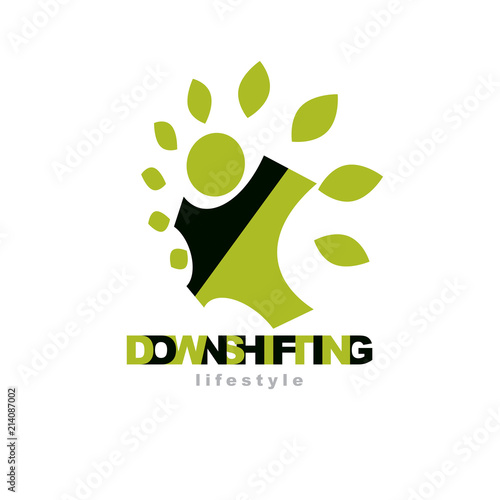 Vector illustration of happy abstract individual with raised hands up. Downshifting concept logo. Green tourism icon. Wellness and harmony symbolic logotype.