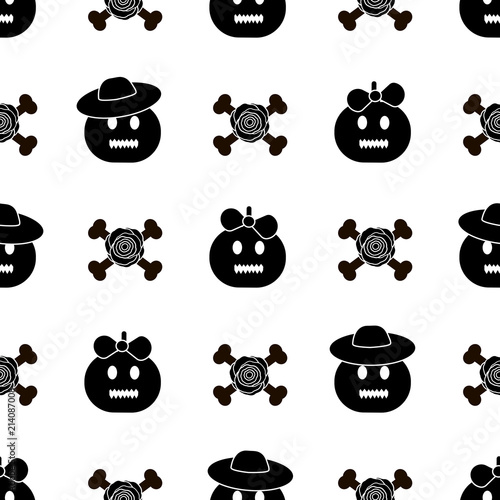 Seamless pattern with black pumpkins, roses and bones on the white background.