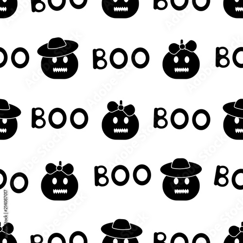 Seamless pattern with black pumpkins, words Boo on the white background.