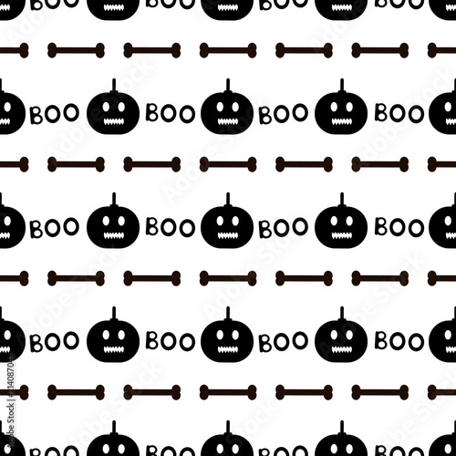 Seamless pattern with black pumpkins, words Boo and bones on the white background.