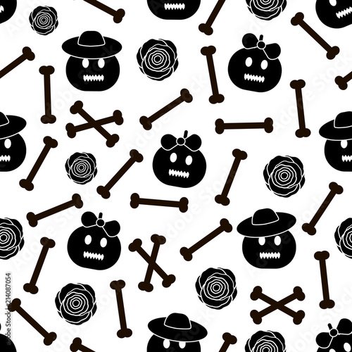 Seamless pattern with black pumpkins, roses and bones on the white background.