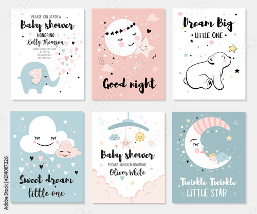 Little bear, elephant, moon and star, cute characters set, posters for baby room, greeting cards, kids and baby t-shirts and wear