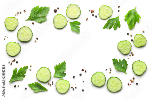 Fototapeta Naklejka Na Ścianę i Meble -  frame of fresh cucumbers and spices
