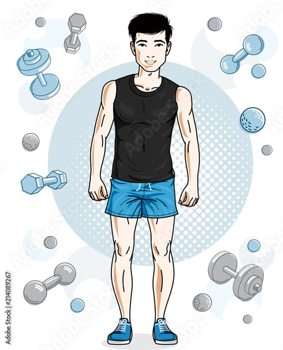 Handsome brunet young man poses on simple background with dumbbells and barbells. Vector illustration of sportsman. Work out and training theme.