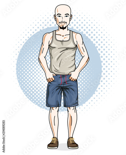 Confident athletic handsome hairless young man standing. Vector illustration of male wearing casual clothes, shorts and singlet.