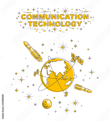 Planet Earth in space surrounded by artificial satellites, rockets and stars. Global communication technology theme. Thin line 3d vector illustration isolated on white.