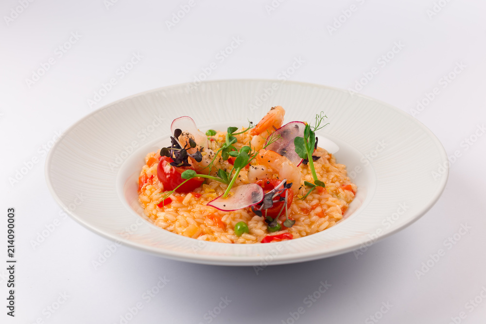 Front and Top View Isolated - Risotto spring with shrimp Seafood. Front and Top View Isolated - Risotto spring with shrimp Seafood.