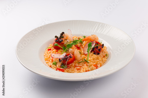 Front and Top View Isolated - Risotto spring with shrimp Seafood.
