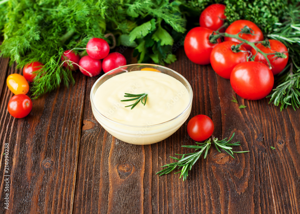 Homemade mayonnaise sauce with fresh vegetables Homemade mayonnaise sauce with fresh vegetables
