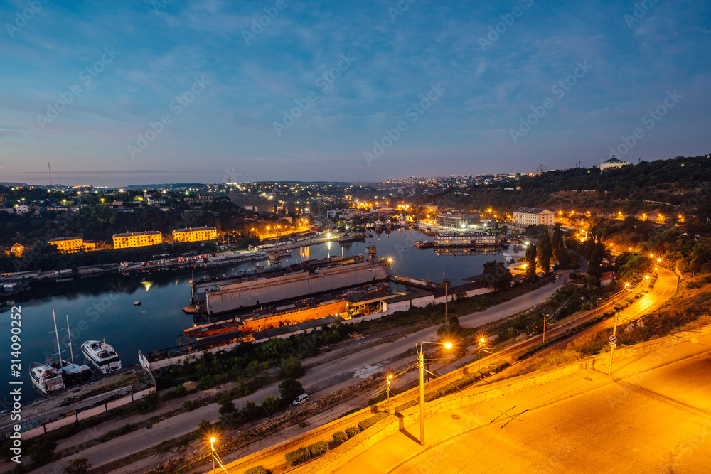 Night Aerial view of Sevastopol, Crimea. Harbor, cargo ships
