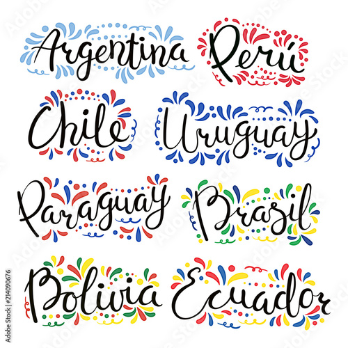 Set of hand written calligraphic lettering quotes with Latin American countries names, decorative ornament. Isolated objects on white background. Vector illustration. Design concept for banner, card.