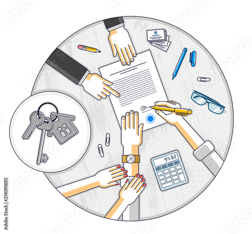 Husband signs bank mortgage hypothec for real property house buying and his wife helps him to dare to make a decision and employee explains terms of loan, top view people hands and paper. Vector.