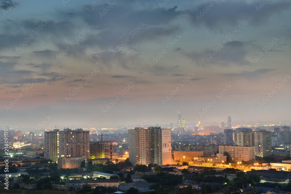 Night View of the Baku. Building Night view of Baku city panoramic.Baku city design bird view Night Bright lights. Night street city lights bird view. beautiful city Baku lights.