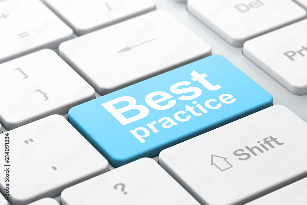 Learning concept: computer keyboard with word Best Practice, selected focus on enter button background, 3D rendering Learning concept: computer keyboard with word Best Practice, selected focus on enter button background, 3D rendering