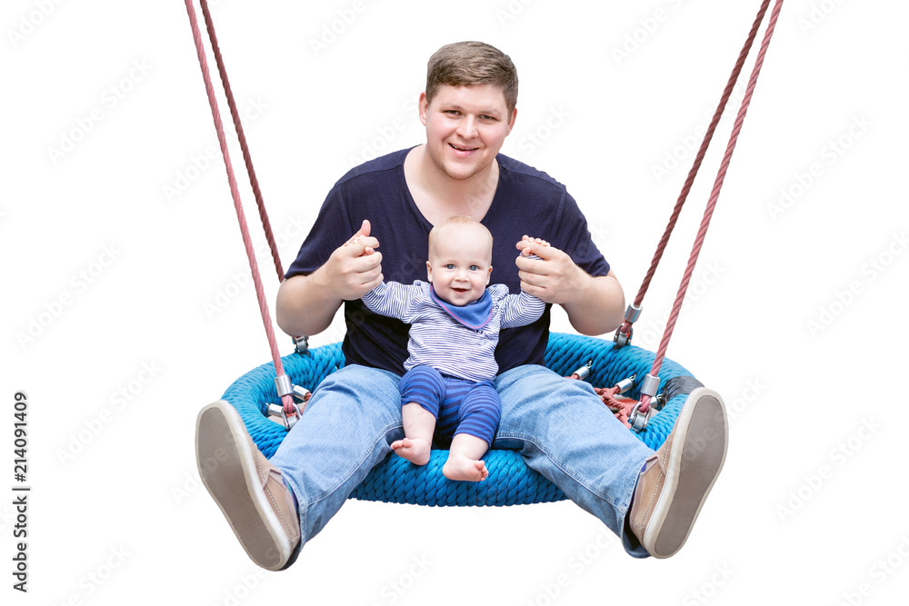 Father with son sitting on big modern chain swing and laughing. Parent with baby boy enjoying swinging on seesaw at playground. Happy childhood and parenting concept, Father's day. Isolated on white