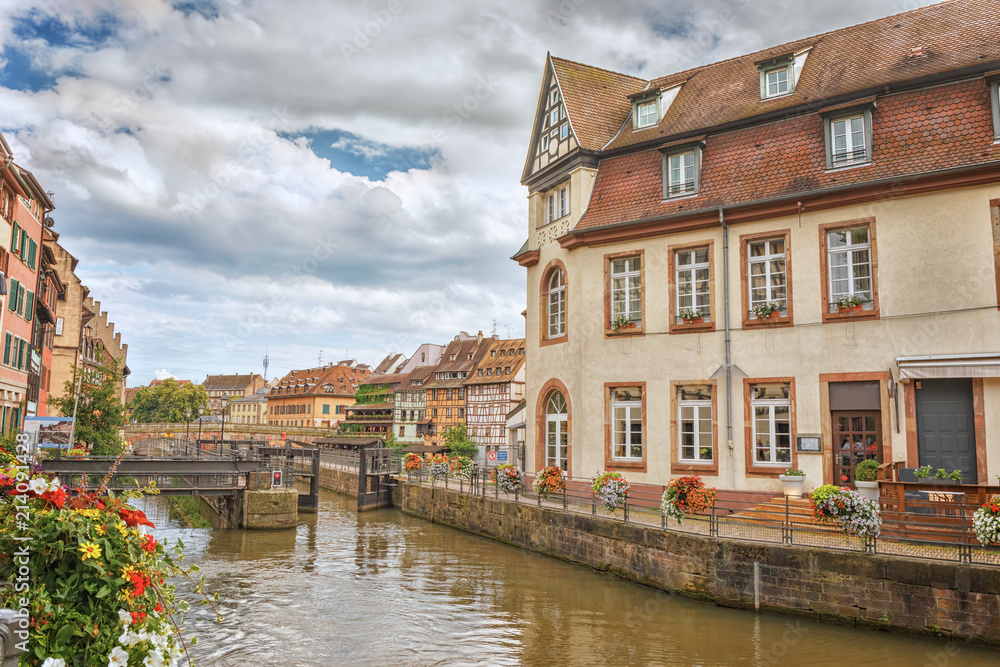 The famous French city of Strasbourg on the Ile River. Petite France.
