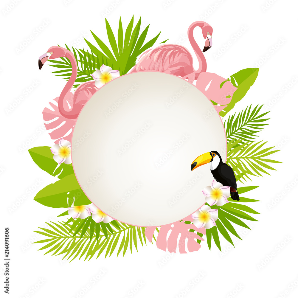 Naklejka premium Summer design template. Tropical leaves, toucan and flamingo vector illustration