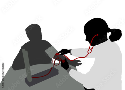 female doctor measuring patients blood pressure silhouette - vector