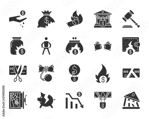 Bankruptcy black silhouette icons vector set