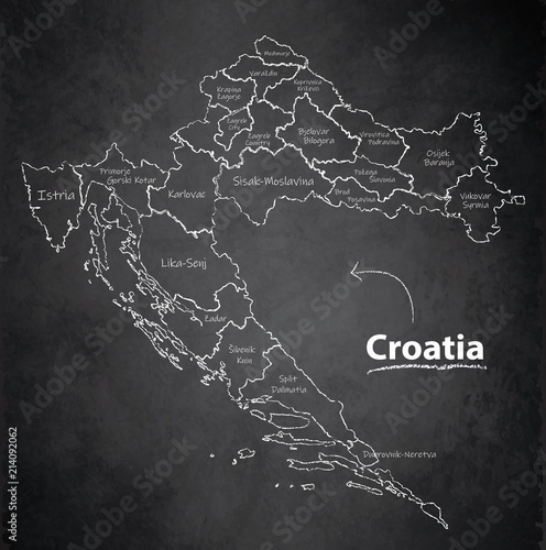 Obraz na płótnie Croatia map separate region individual names blackboard chalkboard vector