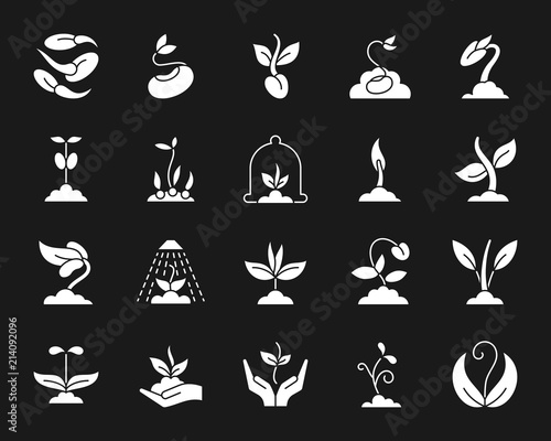 Organic sprout white silhouette icons vector set