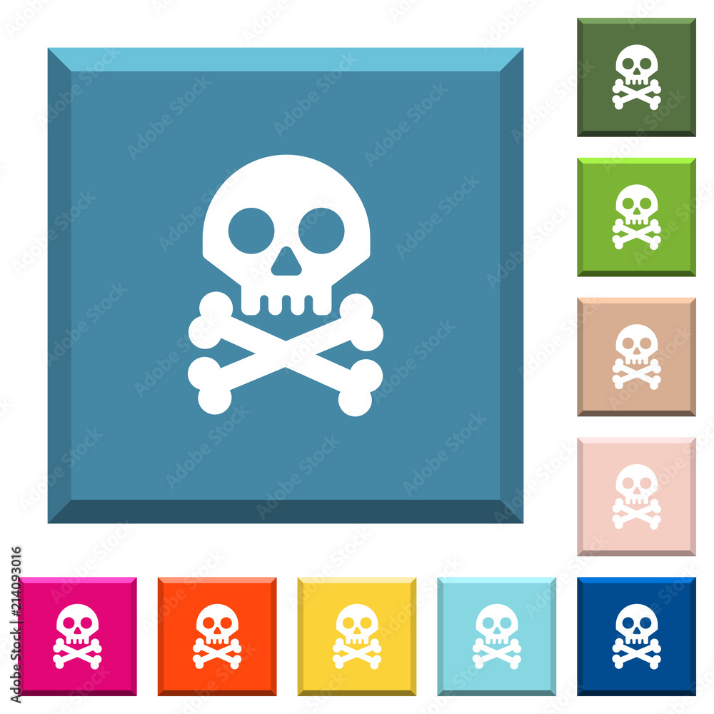 Skull with bones white icons on edged square buttons Skull with bones white icons on edged square buttons