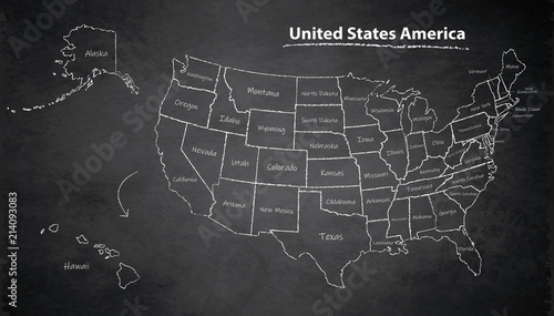 USA map with Alaska and Hawaii map separate states individual names blackboard chalkboard vector