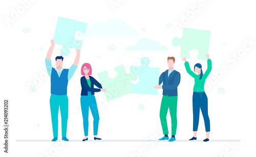 Business team doing a puzzle - flat design style colorful illustration