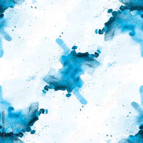 White and blue seamless pattern watercolor blots