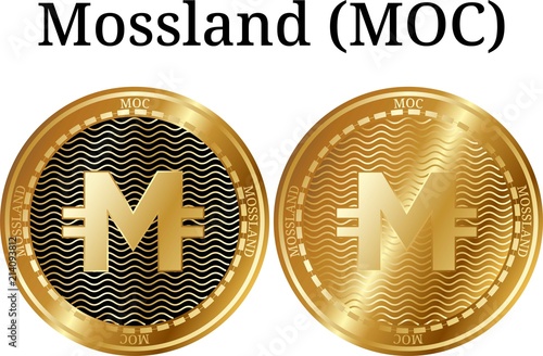 Set of physical golden coin Mossland (MOC), digital cryptocurrency. Mossland (MOC) icon set. Vector illustration isolated on white background.