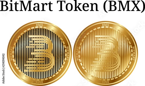 Set of physical golden coin BitMart Token (BMX), digital cryptocurrency. BitMart Token (BMX) icon set. Vector illustration isolated on white background.