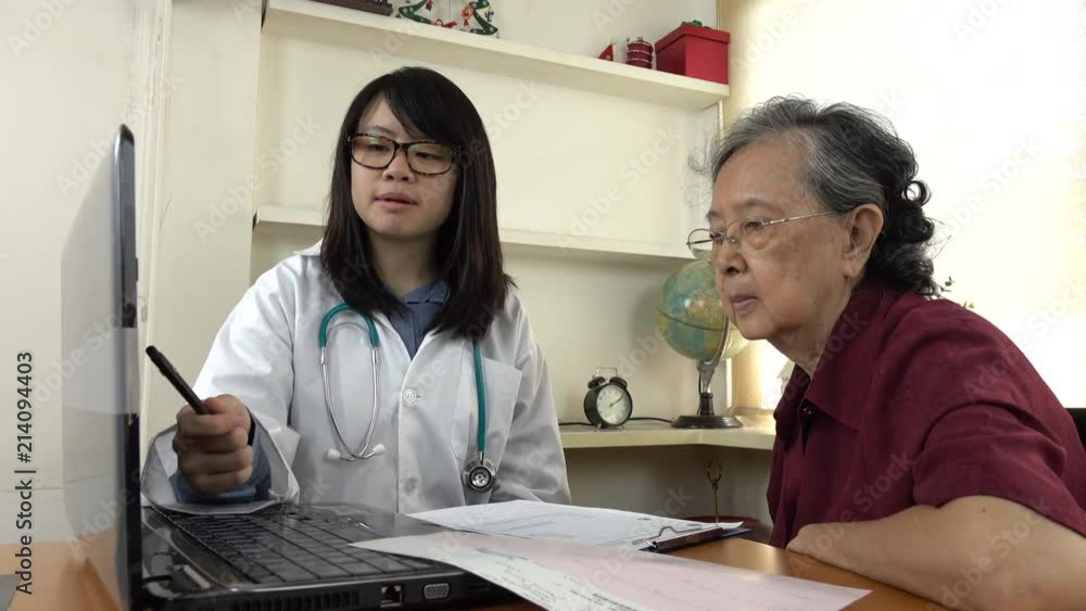 Doctor explaining medication to old woman patient with Laptop Doctor explaining medication to old woman patient with Laptop