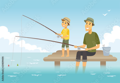 Father and son fishing - cartoon people characters illustration