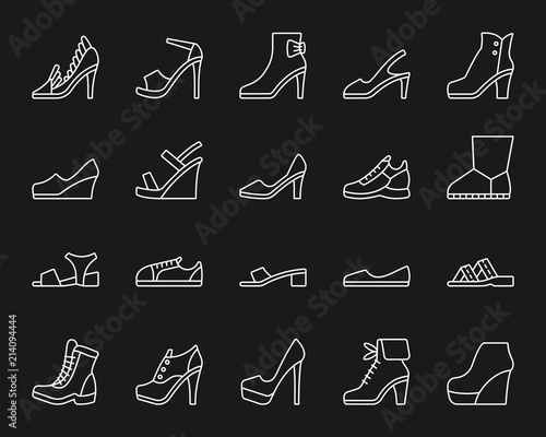 Shoes simple white line icons vector set